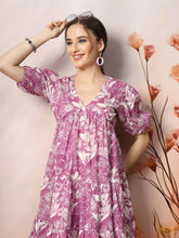 Women's Tropical Printed Cotton Flared Dress-DRSPURPLEFANTA